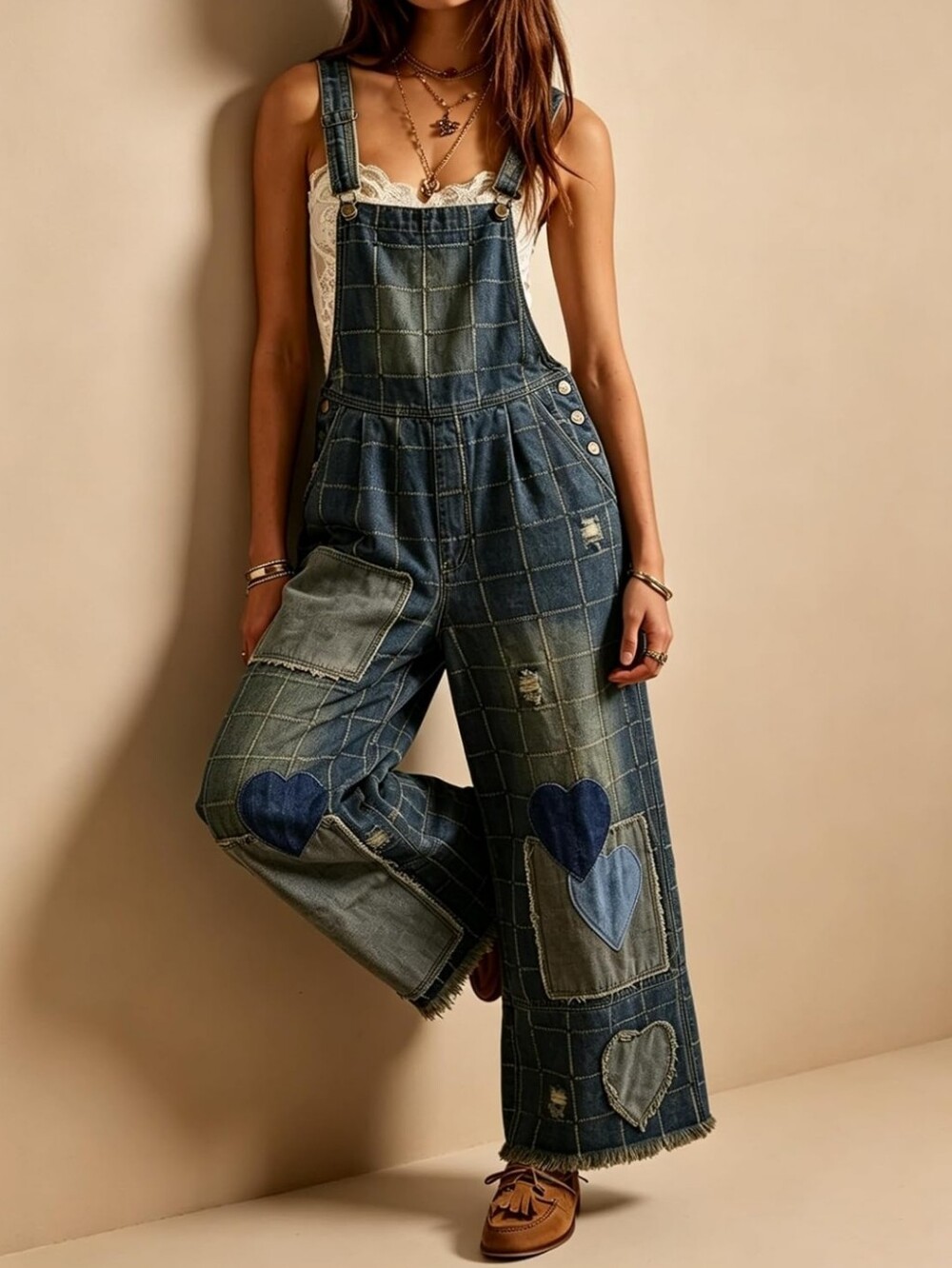 Dark Blue Patchwork Heart Denim Wide Leg  Overalls. NWT
